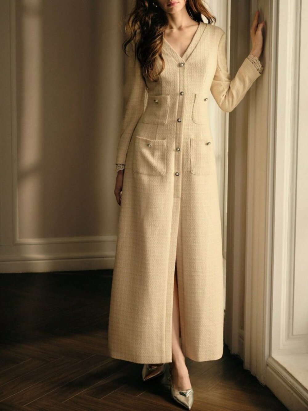 Cream Tweed V-Neck Cardigan Maxi Dress with Jeweled Buttons and Lace Cuffs